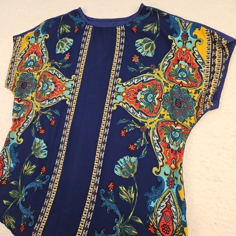 Hannah Women's Blouse Top Size M 100% Cotton Back Blue Floral Print Boho Peasant